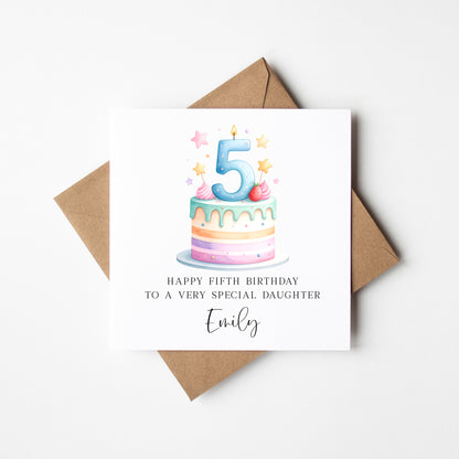 Personalised 5th Birthday Card Cake Number 5 pastel kids card (Envelope Included)