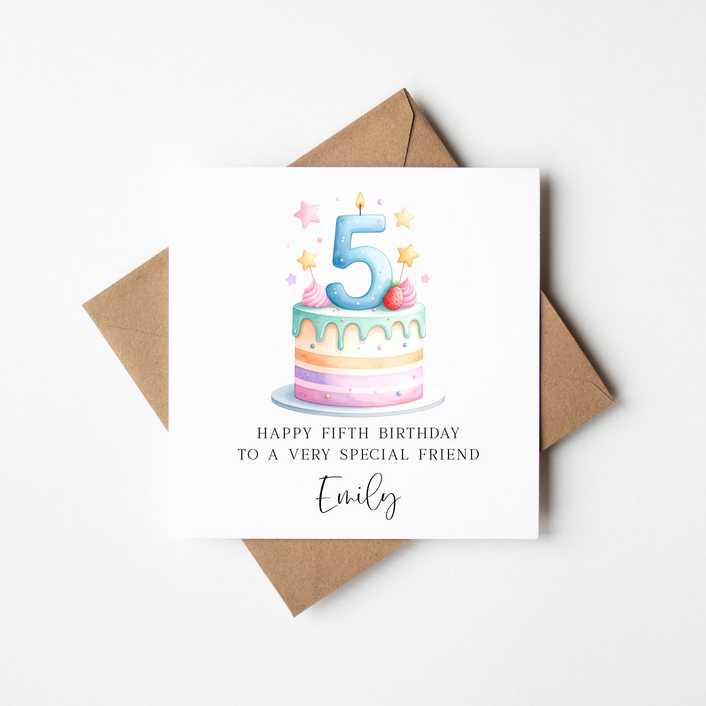 Personalised 5th Birthday Card Cake Number 5 pastel kids card (Envelope Included)