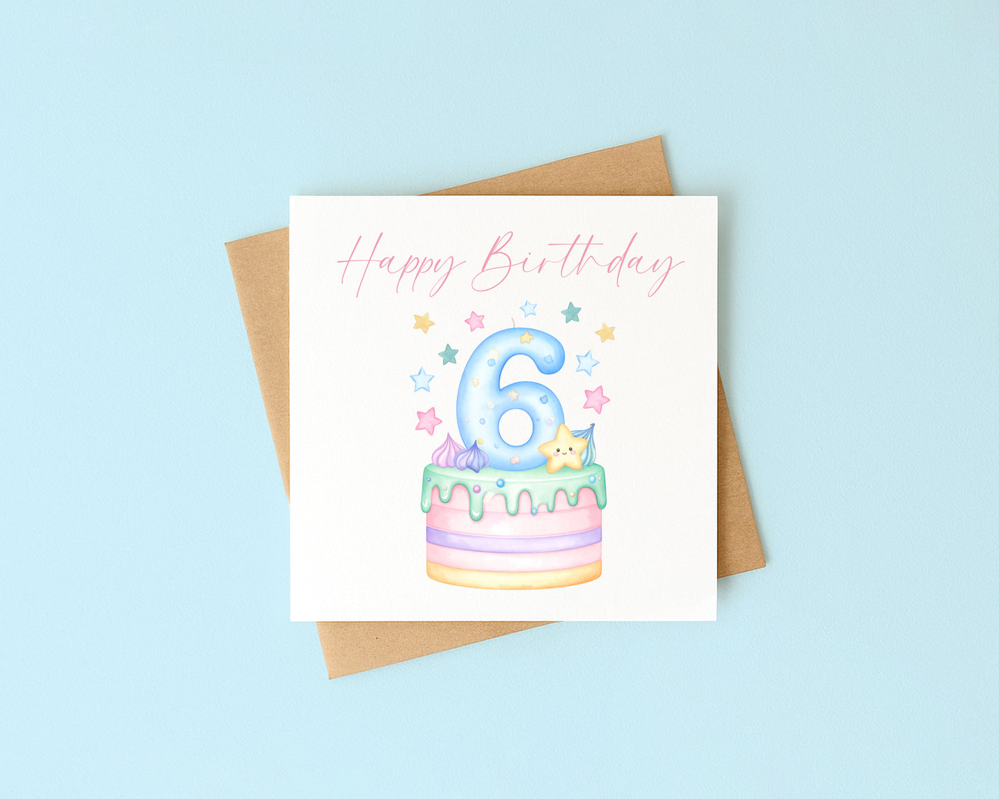 6th Birthday Card Pink, Blue, & Green Cake Number 6 with Envelope