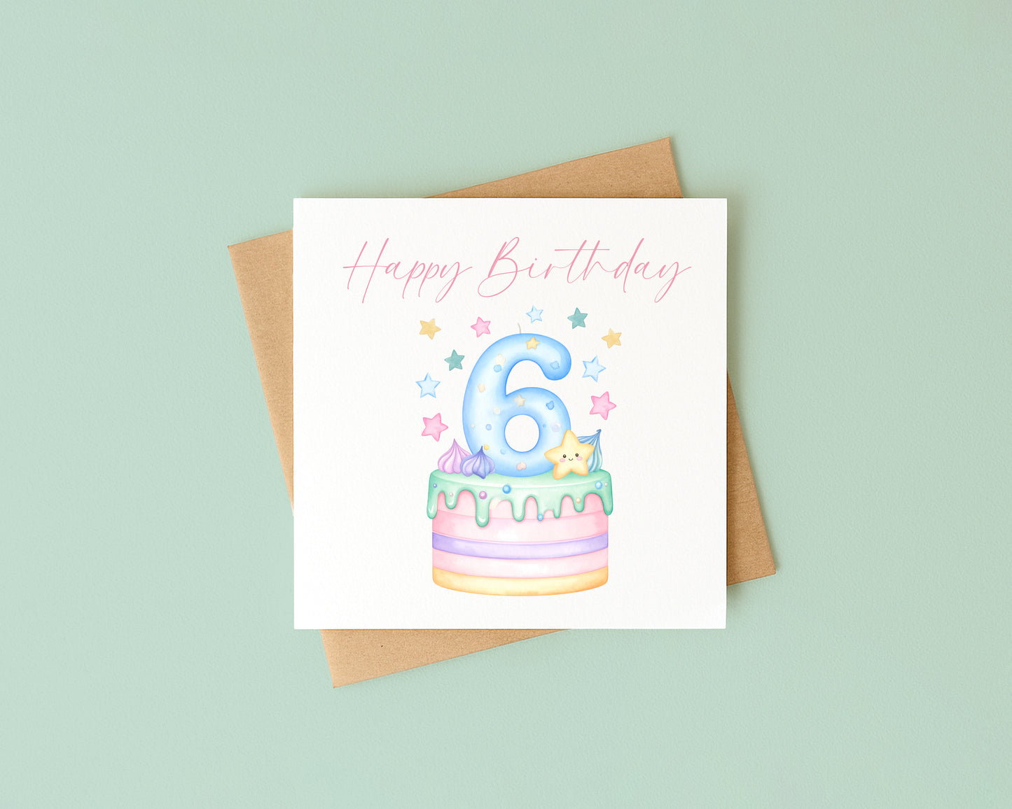 6th Birthday Card Pink, Blue, & Green Cake Number 6 with Envelope