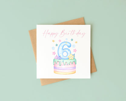 6th Birthday Card Pink, Blue, & Green Cake Number 6 with Envelope