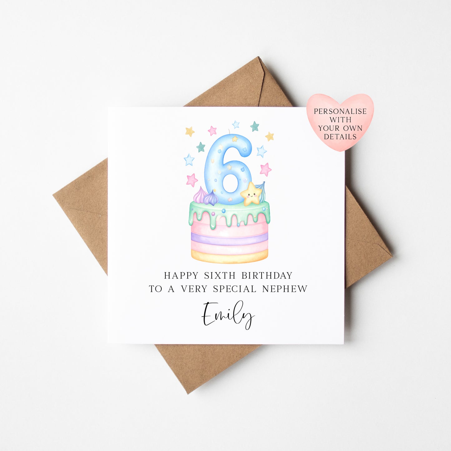 Personalised 6th Birthday Card Cake Number 6 pastel kids card (Envelope Included)