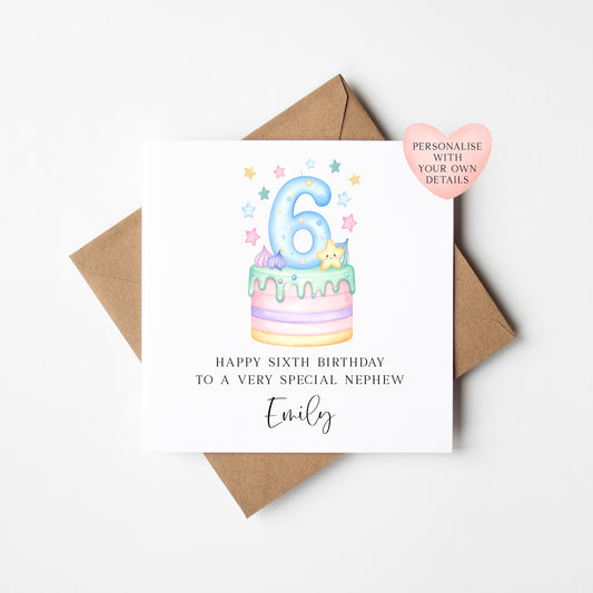Personalised 6th Birthday Card Cake Number 6 pastel kids card (Envelope Included)