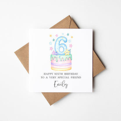 Personalised 6th Birthday Card Cake Number 6 pastel kids card (Envelope Included)