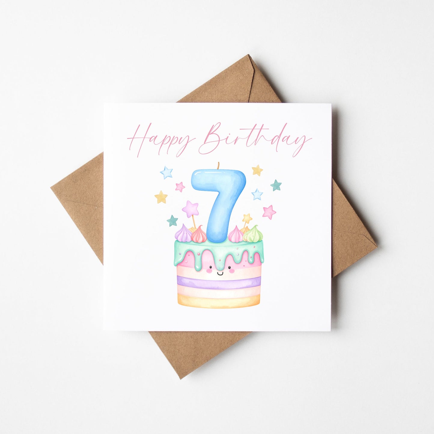 7th Birthday Card Pink, Blue, & Green Cake Number 7 with Envelope