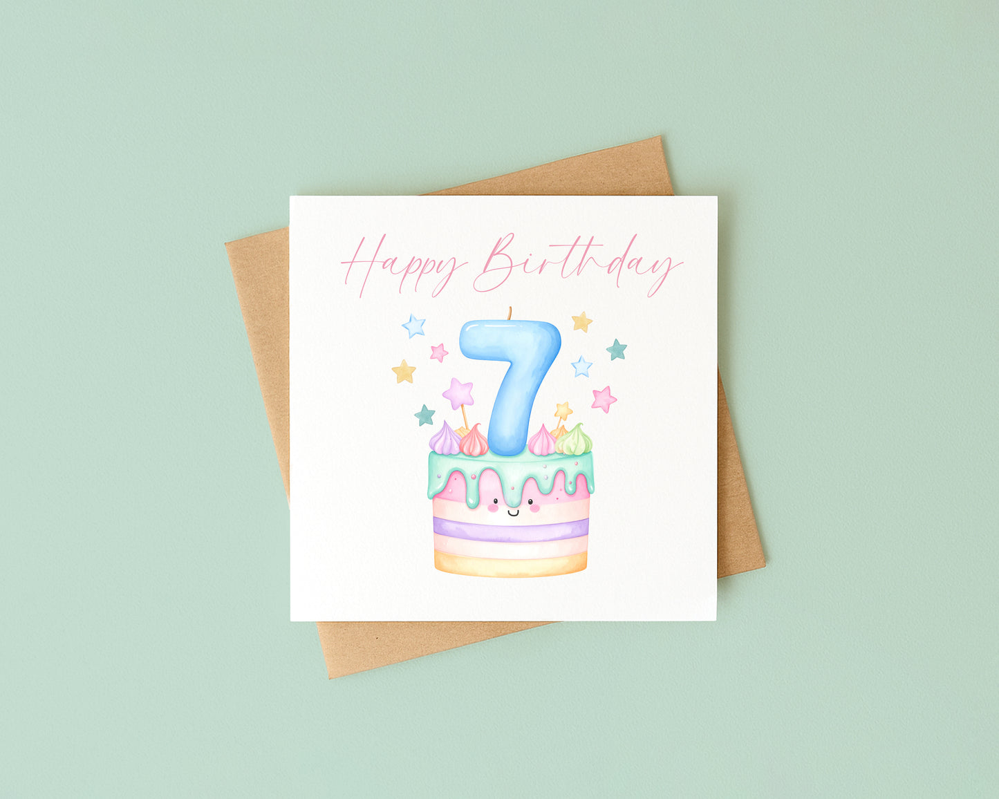 7th Birthday Card Pink, Blue, & Green Cake Number 7 with Envelope