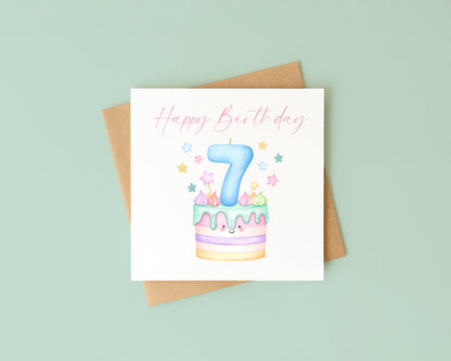 7th Birthday Card Pink, Blue, & Green Cake Number 7 with Envelope