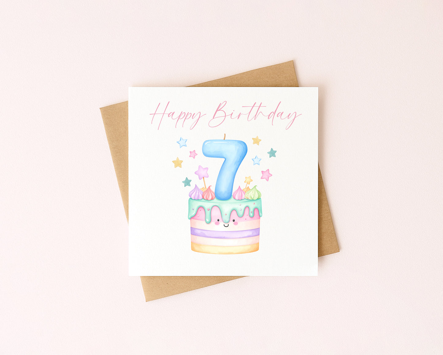 7th Birthday Card Pink, Blue, & Green Cake Number 7 with Envelope