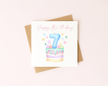 7th Birthday Card Pink, Blue, & Green Cake Number 7 with Envelope