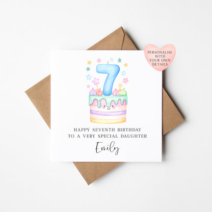 Personalised 7th Birthday Card Cake Number 7 pastel kids card (Envelope Included)