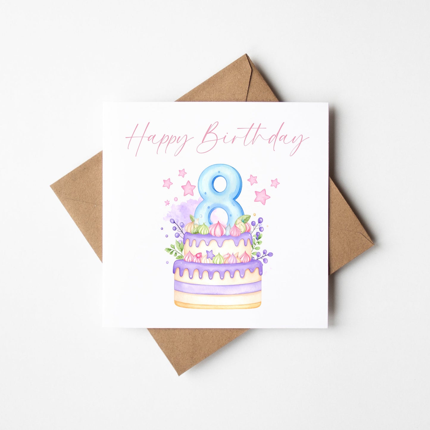 8th Birthday Card Pink, Blue, & Purple Cake Number 8 with Envelope