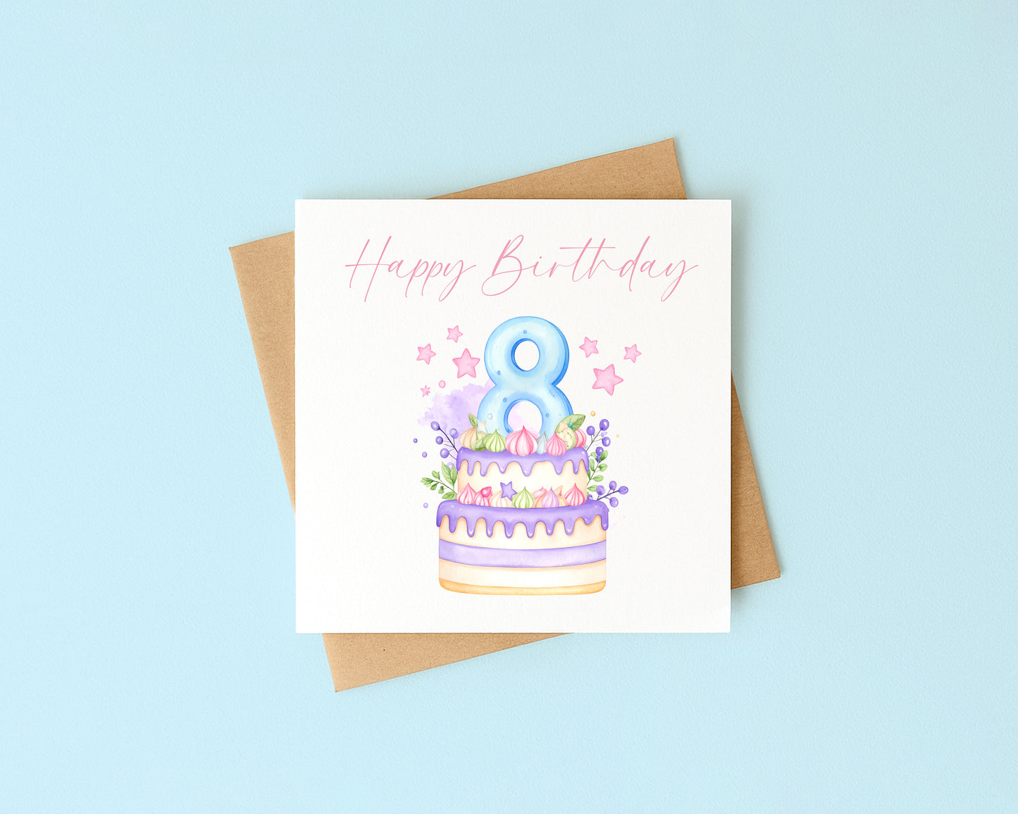 8th Birthday Card Pink, Blue, & Purple Cake Number 8 with Envelope