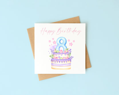 8th Birthday Card Pink, Blue, & Purple Cake Number 8 with Envelope
