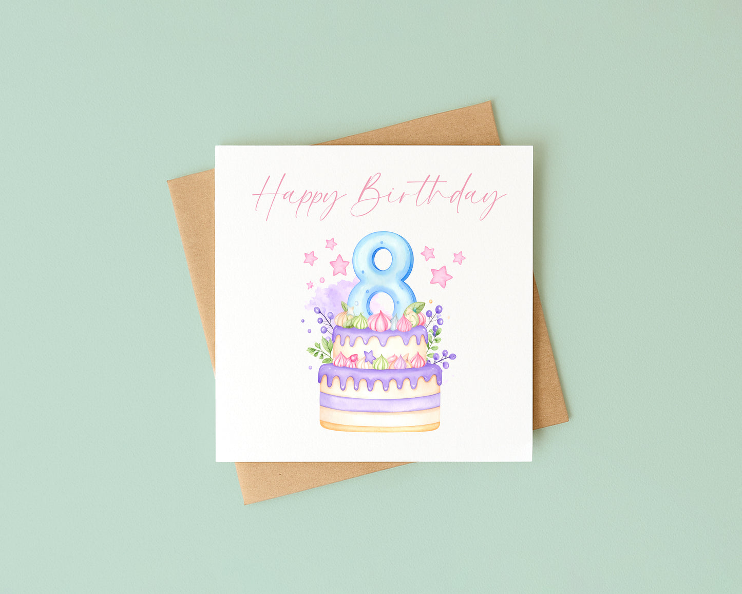 8th Birthday Card Pink, Blue, & Purple Cake Number 8 with Envelope