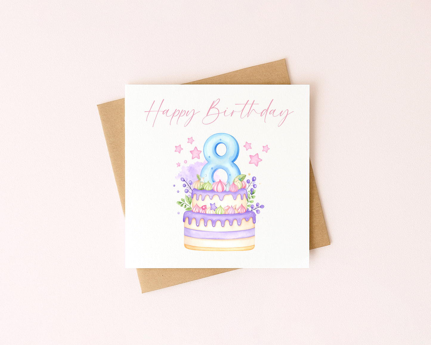 8th Birthday Card Pink, Blue, & Purple Cake Number 8 with Envelope