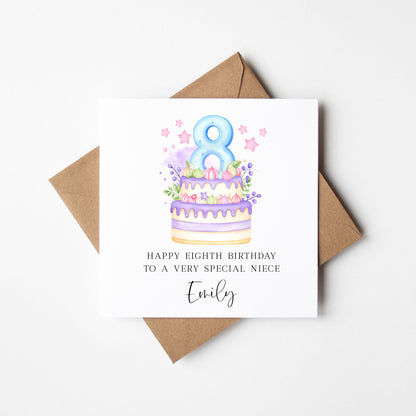 Personalised 8th Birthday Card Cake Number 8 pastel pretty cake kids birthday card with Kraft brown envelope