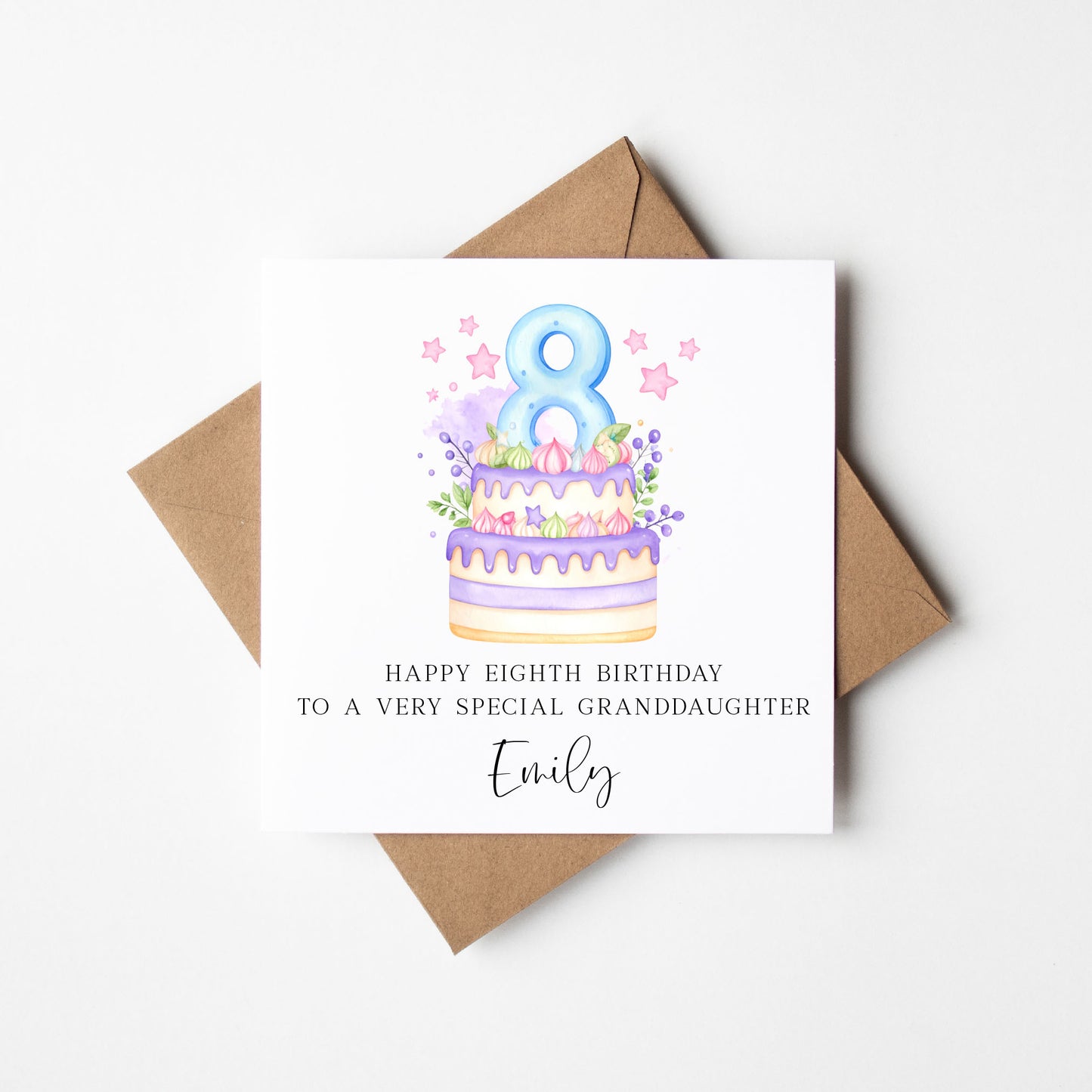 Personalised 8th Birthday Card Cake Number 8 pastel pretty cake kids birthday card with Kraft brown envelope