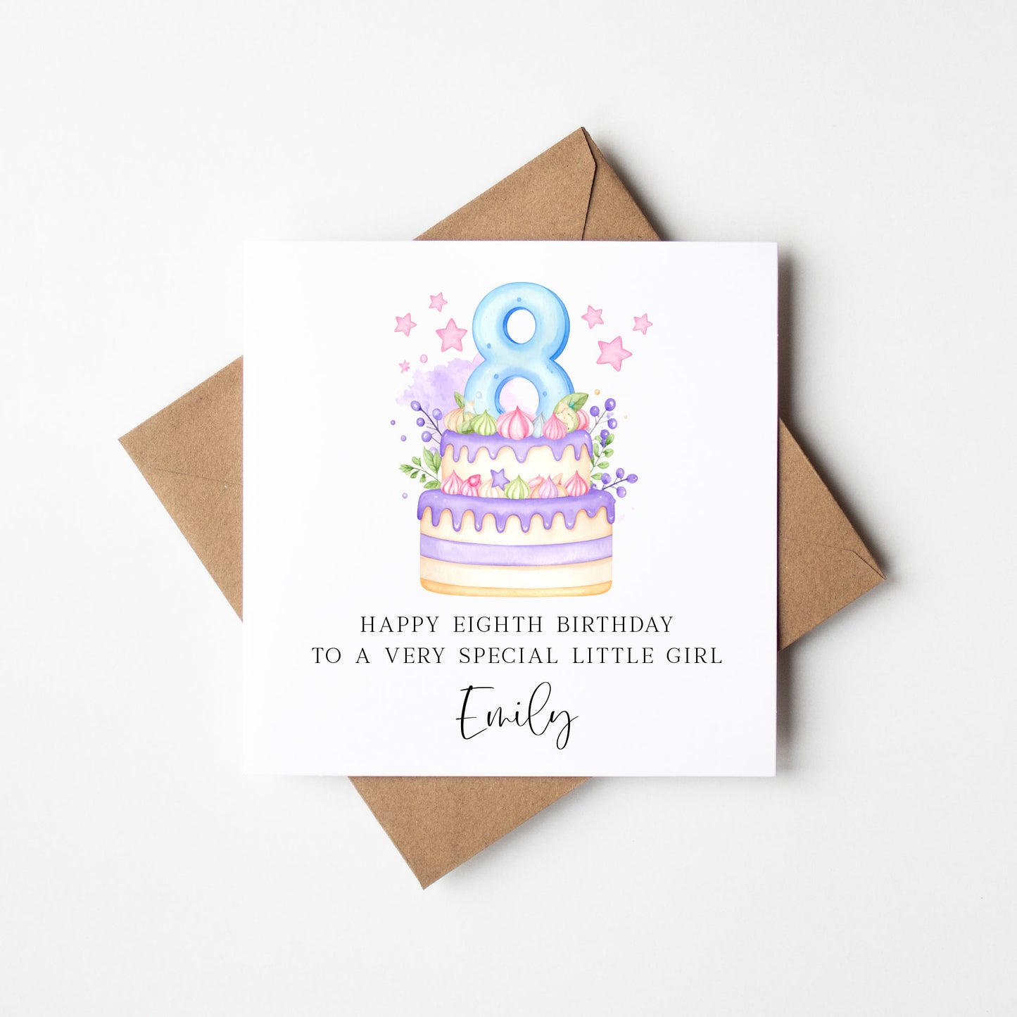 Personalised 8th Birthday Card Cake Number 8 pastel pretty cake kids birthday card with Kraft brown envelope