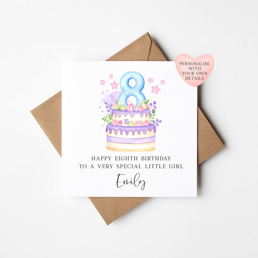 Personalised 8th Birthday Card Cake Number 8 pastel pretty cake kids birthday card with Kraft brown envelope