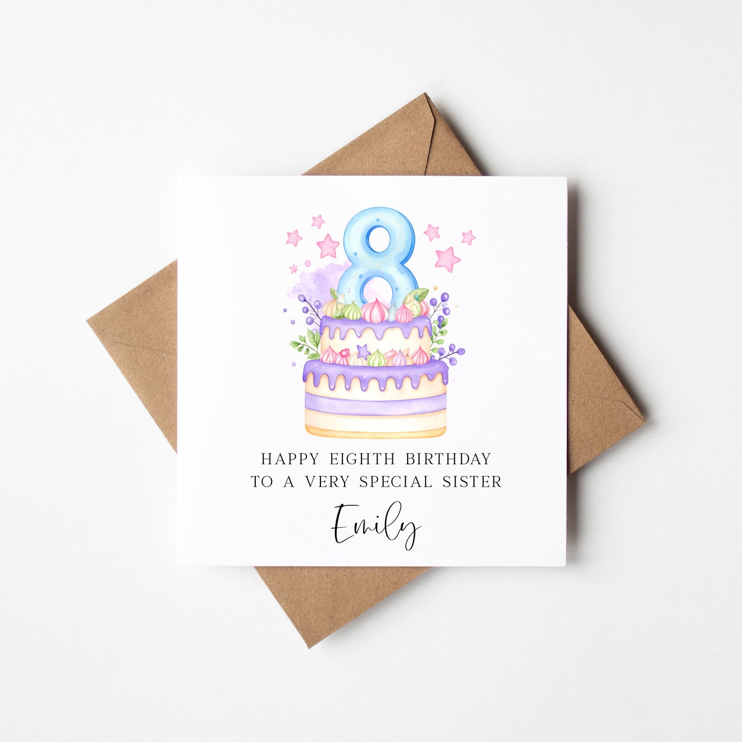 Personalised 8th Birthday Card Cake Number 8 pastel pretty cake kids birthday card with Kraft brown envelope