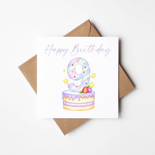 9th Birthday Card Pink & Purple Cake Number 9 with Envelope