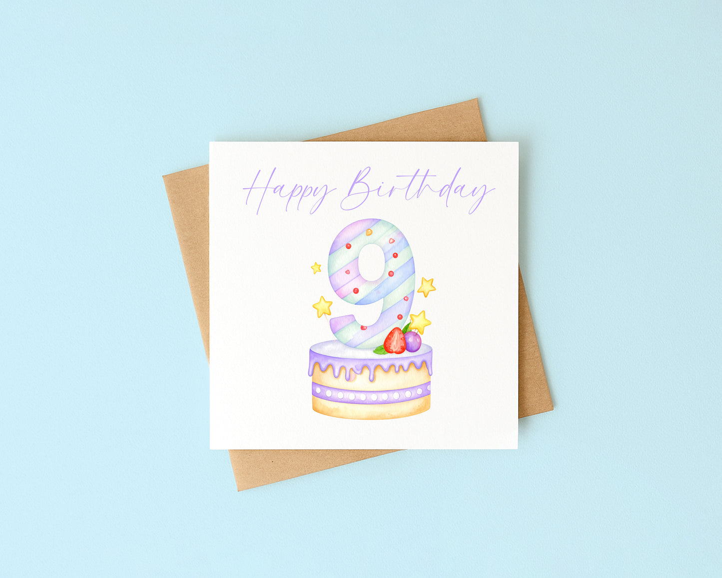 9th Birthday Card Pink & Purple Cake Number 9 with Envelope