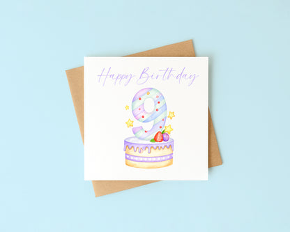 9th Birthday Card Pink & Purple Cake Number 9 with Envelope