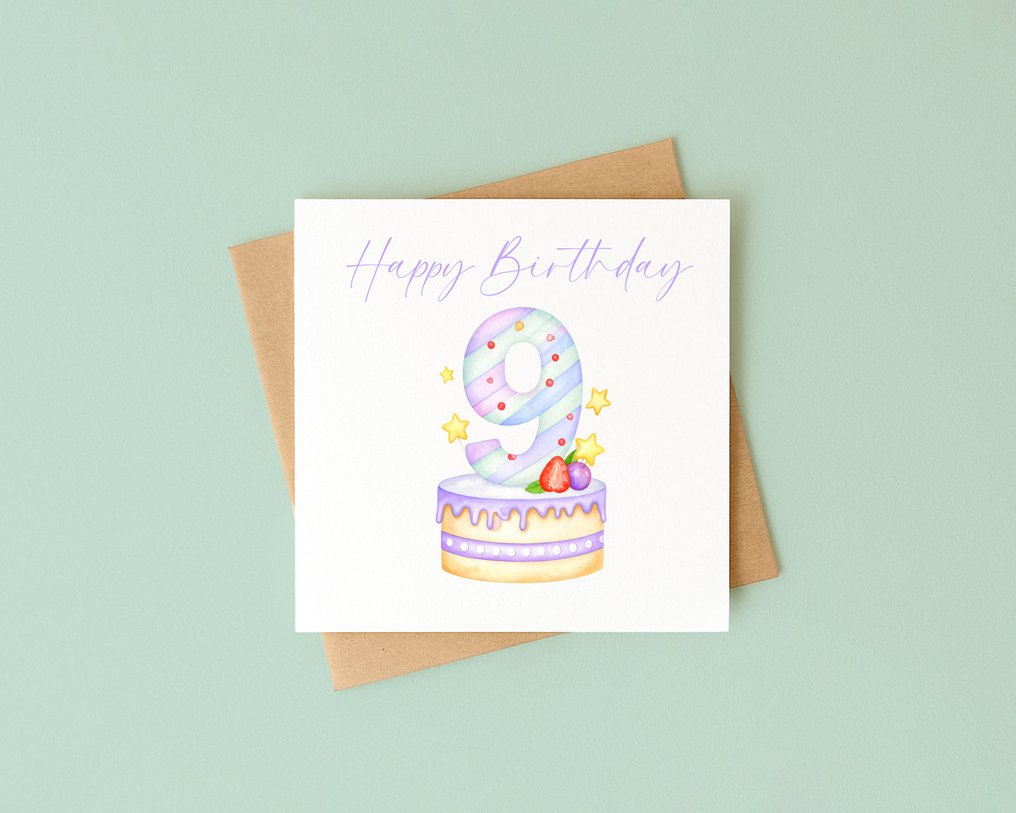 9th Birthday Card Pink & Purple Cake Number 9 with Envelope