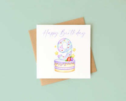 9th Birthday Card Pink & Purple Cake Number 9 with Envelope
