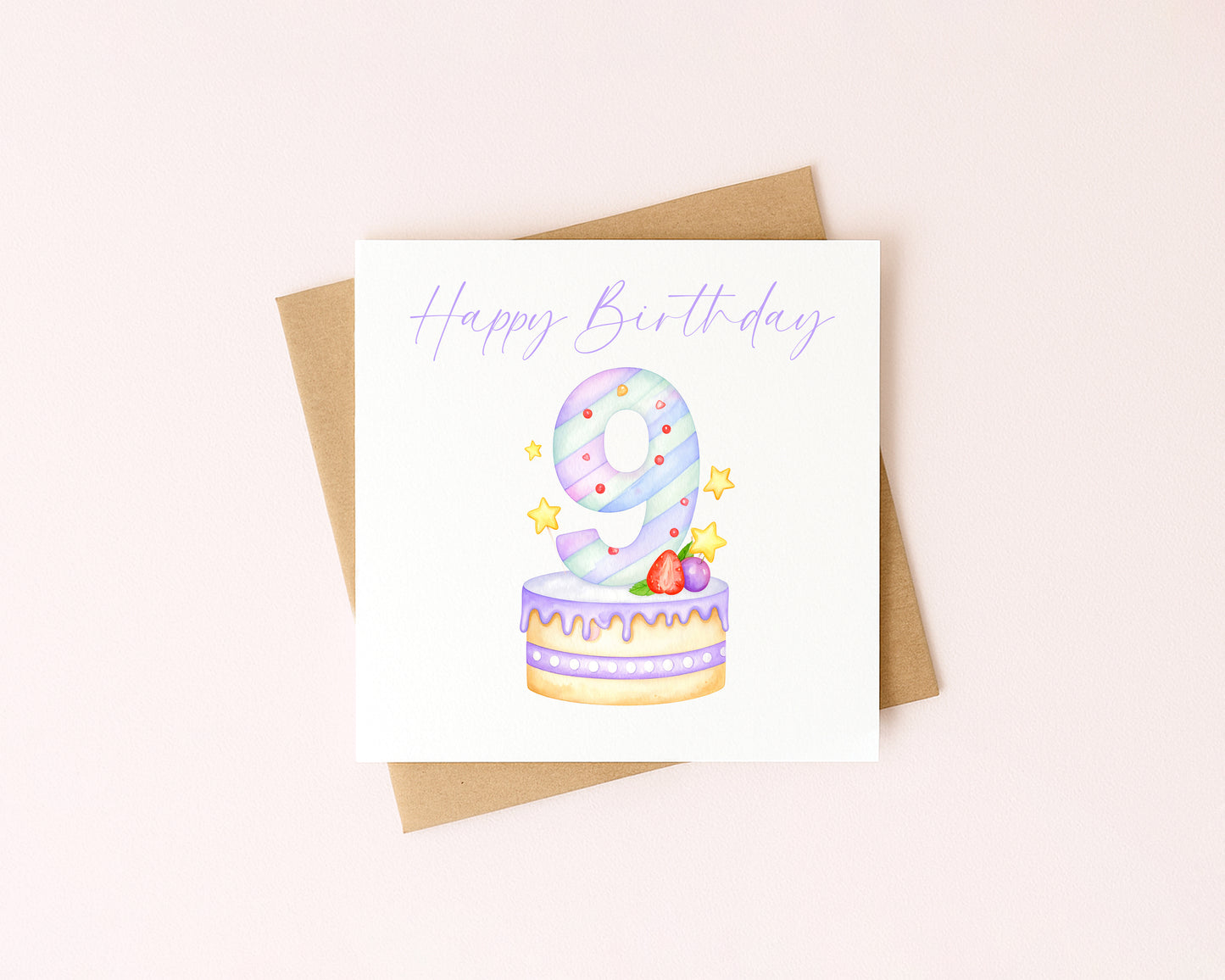 9th Birthday Card Pink & Purple Cake Number 9 with Envelope