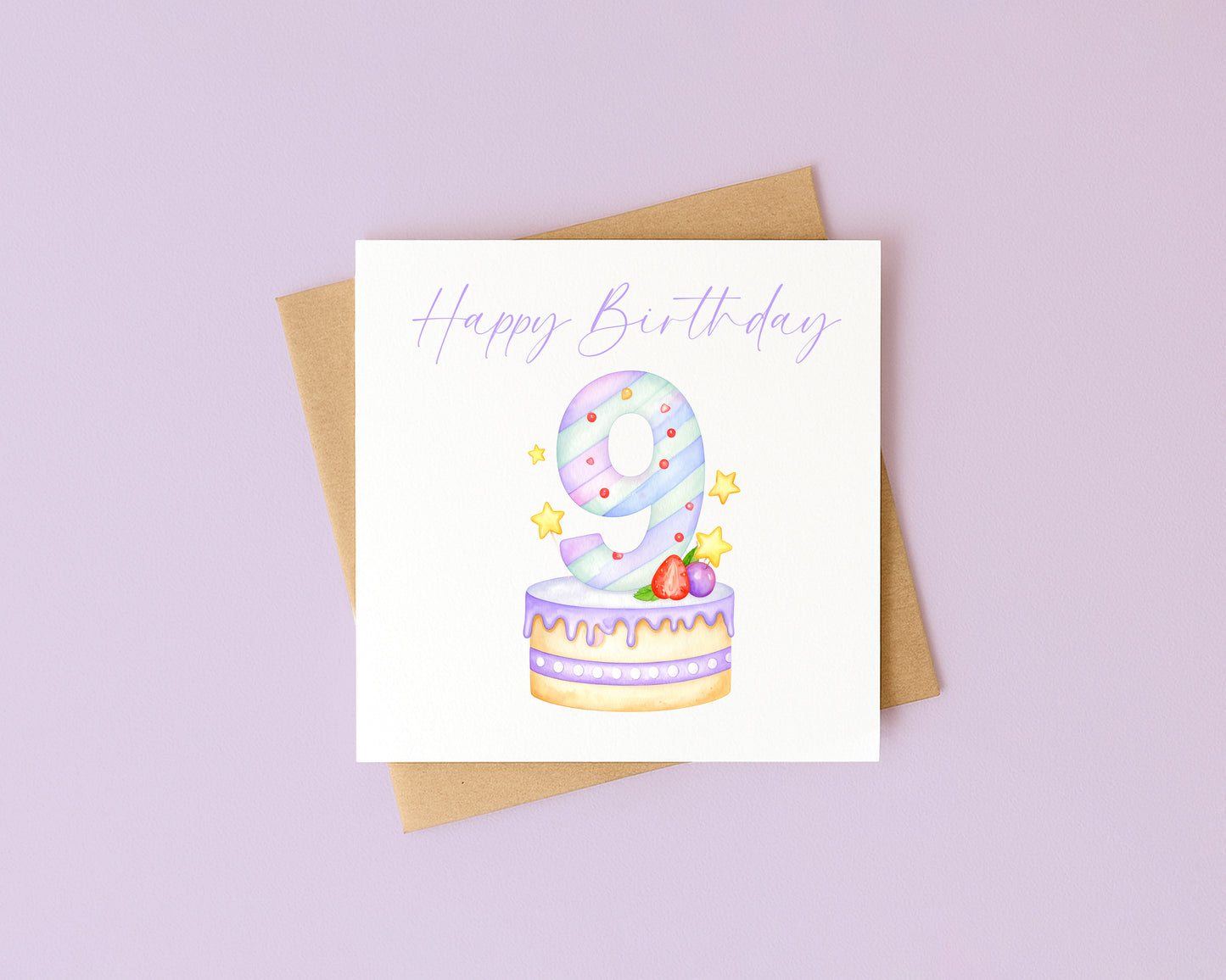 9th Birthday Card Pink & Purple Cake Number 9 with Envelope