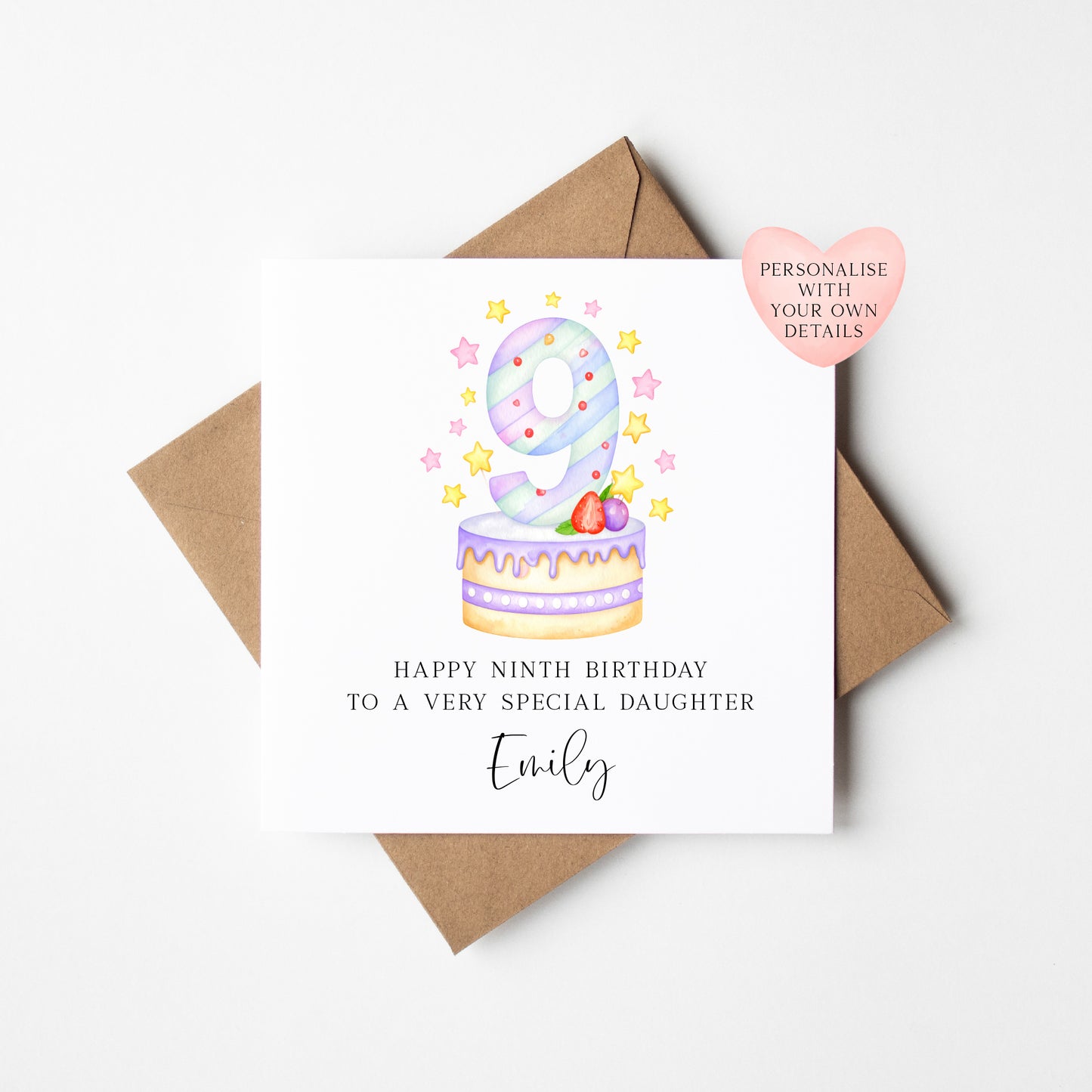 Personalised 9th Birthday Card Cake Number 9 pastel kids card (Envelope Included)