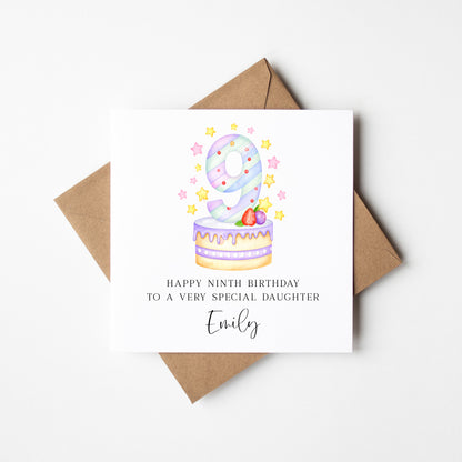 Personalised 9th Birthday Card Cake Number 9 pastel kids card (Envelope Included)
