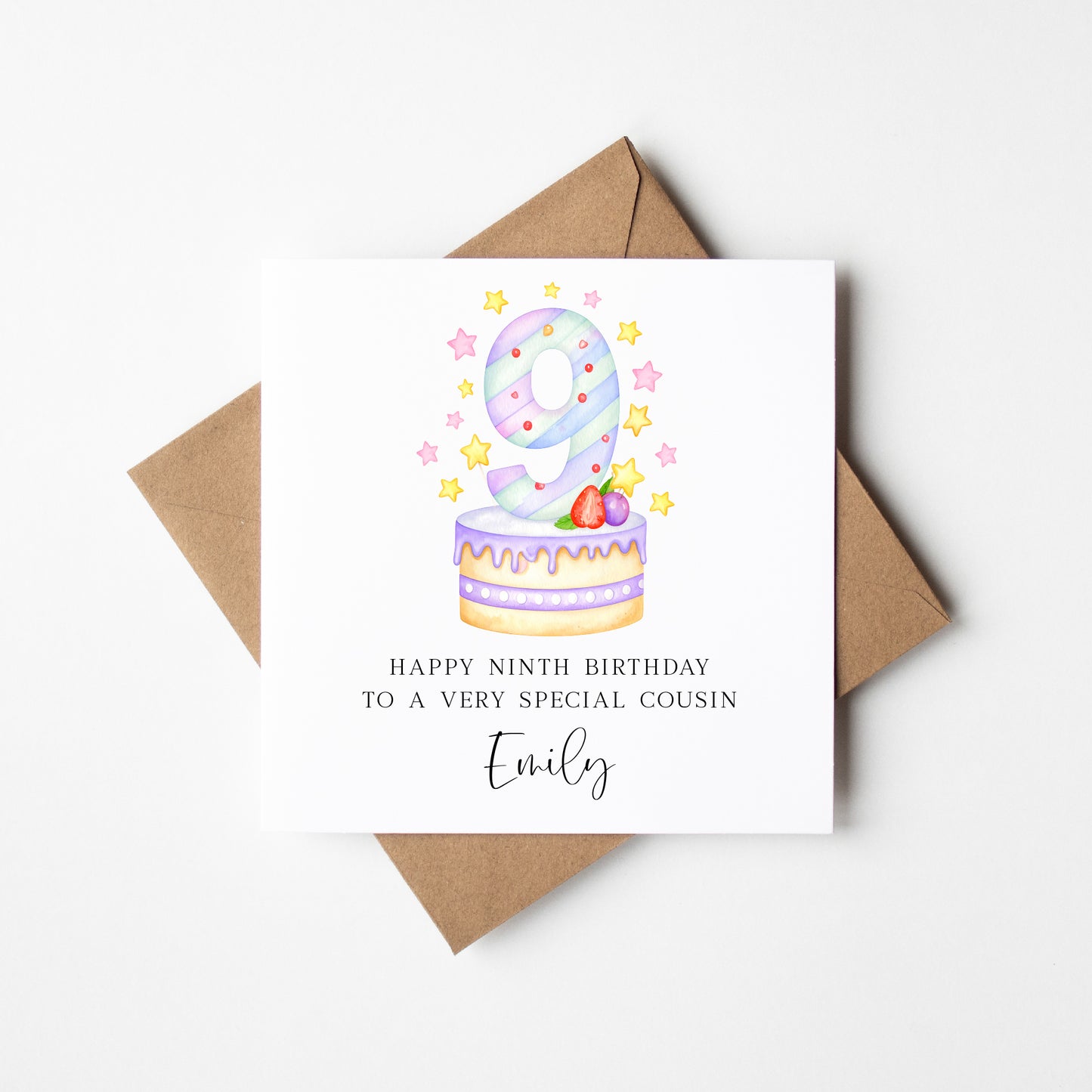 Personalised 9th Birthday Card Cake Number 9 pastel kids card (Envelope Included)