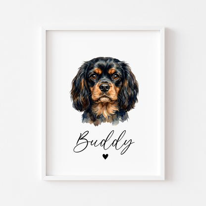 Personalised Cavalier Dog Print Custom Name Pet portrait watercolour unframed wall art poster