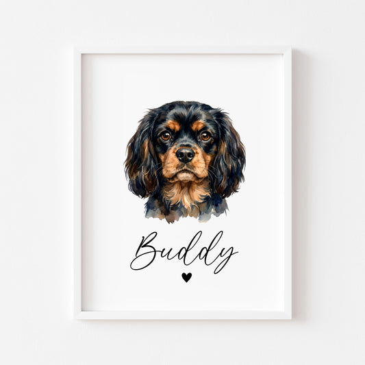 Personalised Cavalier Dog Print Custom Name Pet portrait watercolour unframed wall art poster
