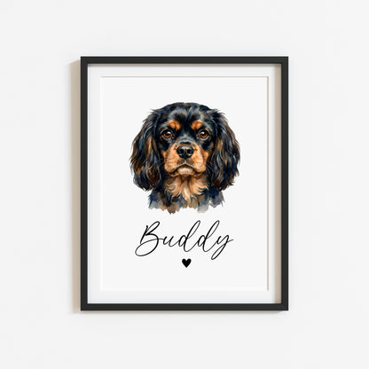 Personalised Cavalier Dog Print Custom Name Pet portrait watercolour unframed wall art poster