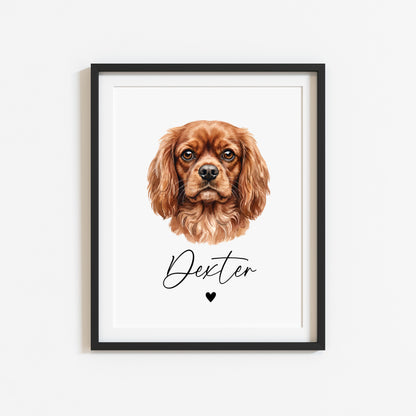 Personalised Cavalier Dog Print Custom Name Pet portrait watercolour unframed wall art poster