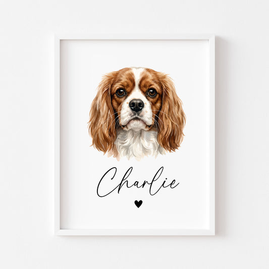 Personalised Cavalier Dog Print Custom Name Pet portrait watercolour unframed wall art poster
