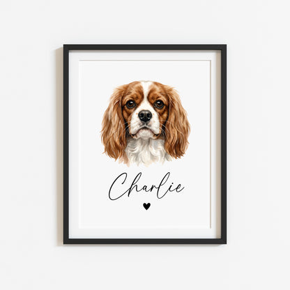 Personalised Cavalier Dog Print Custom Name Pet portrait watercolour unframed wall art poster