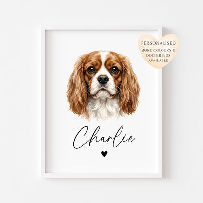 Personalised Cavalier Dog Print Custom Name Pet portrait watercolour unframed wall art poster