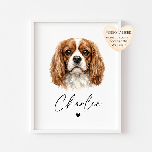 Personalised Cavalier Dog Print Custom Name Pet portrait watercolour unframed wall art poster