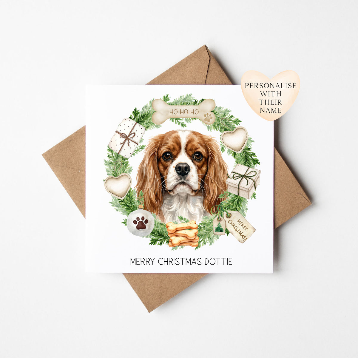 Personalised Dog Christmas card, Cavalier custom pet name xmas card