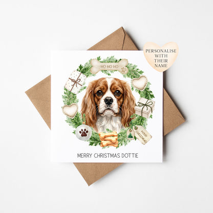 Personalised Dog Christmas card, Cavalier custom pet name xmas card