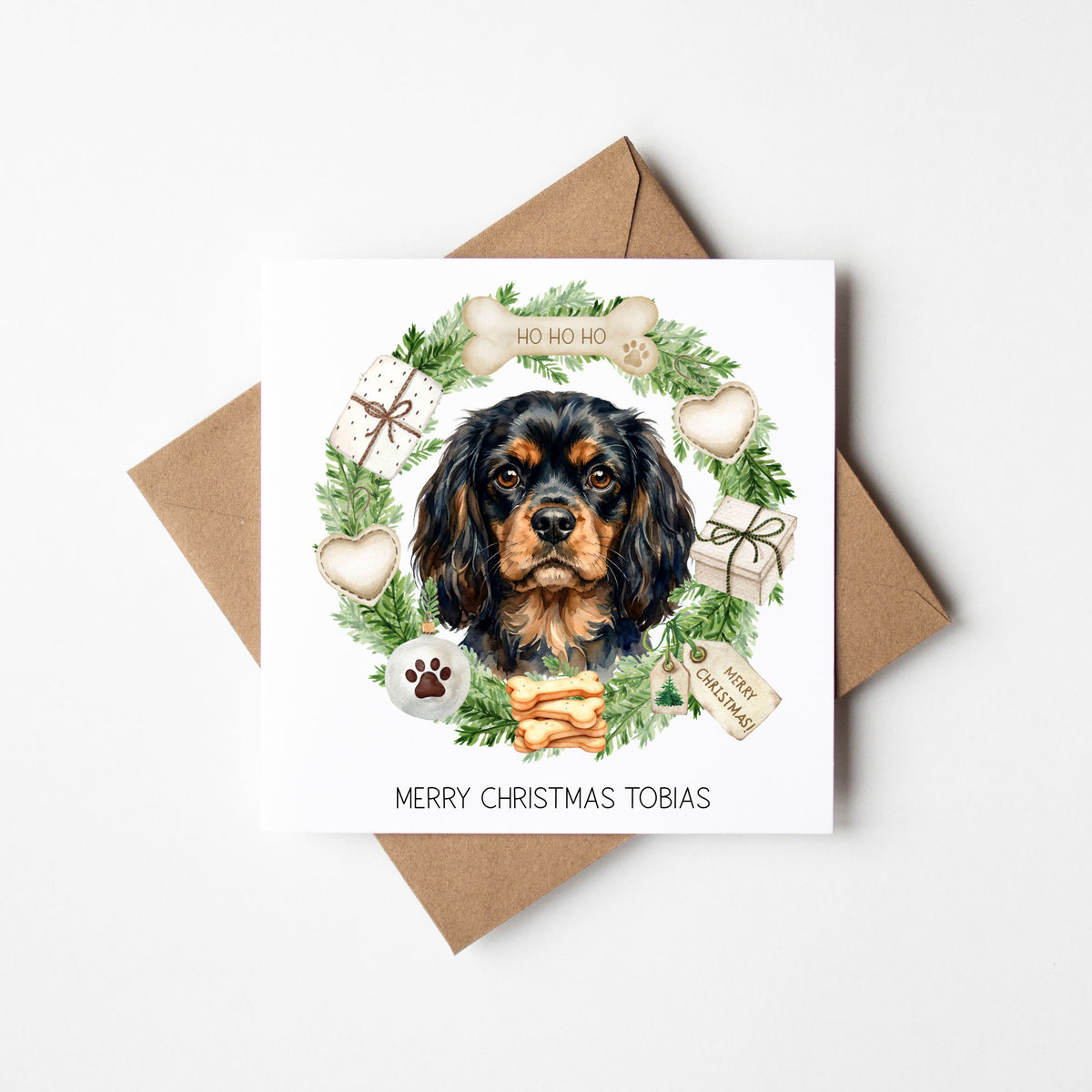 Personalised Dog Christmas card, Cavalier custom pet name xmas card
