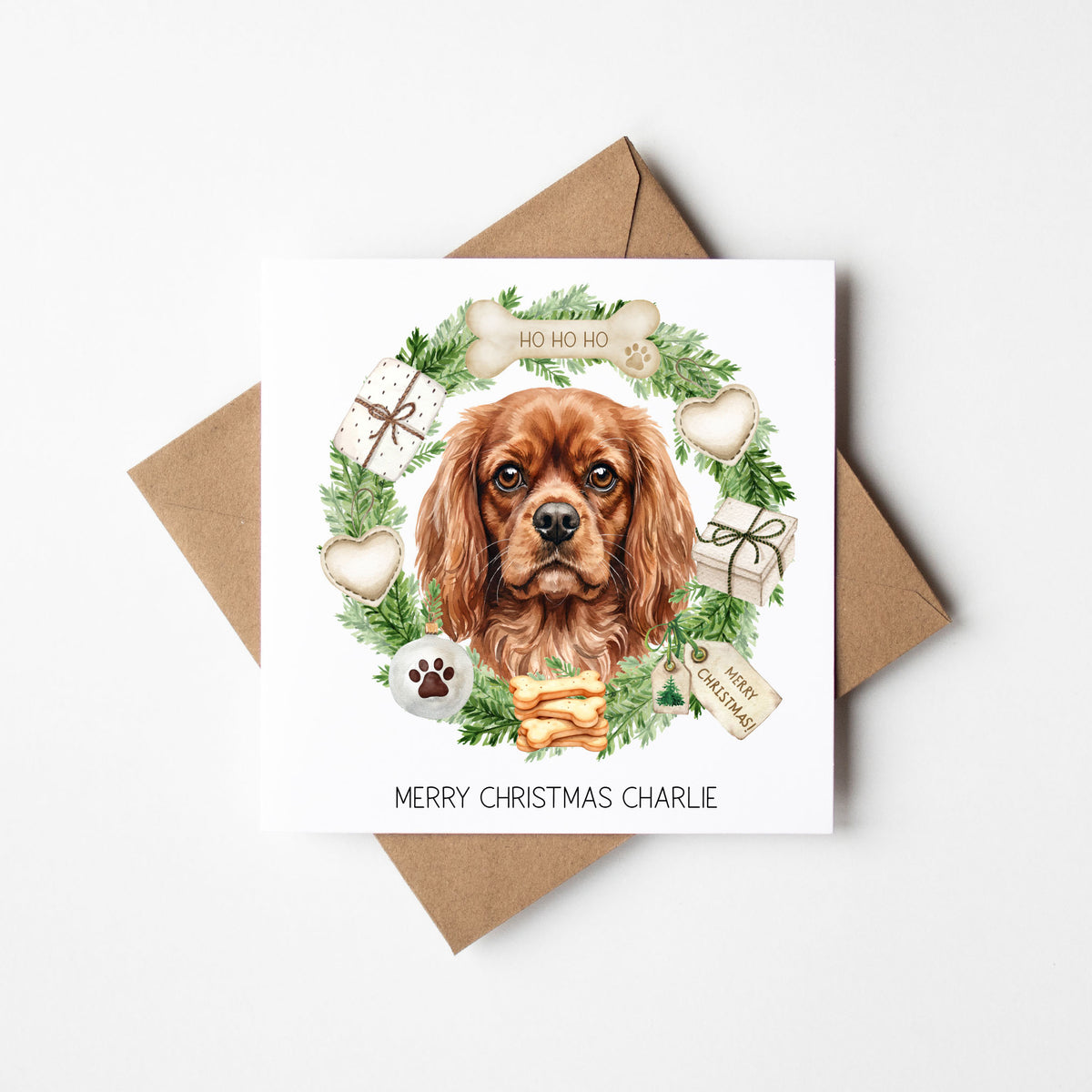 Personalised Dog Christmas card, Cavalier custom pet name xmas card
