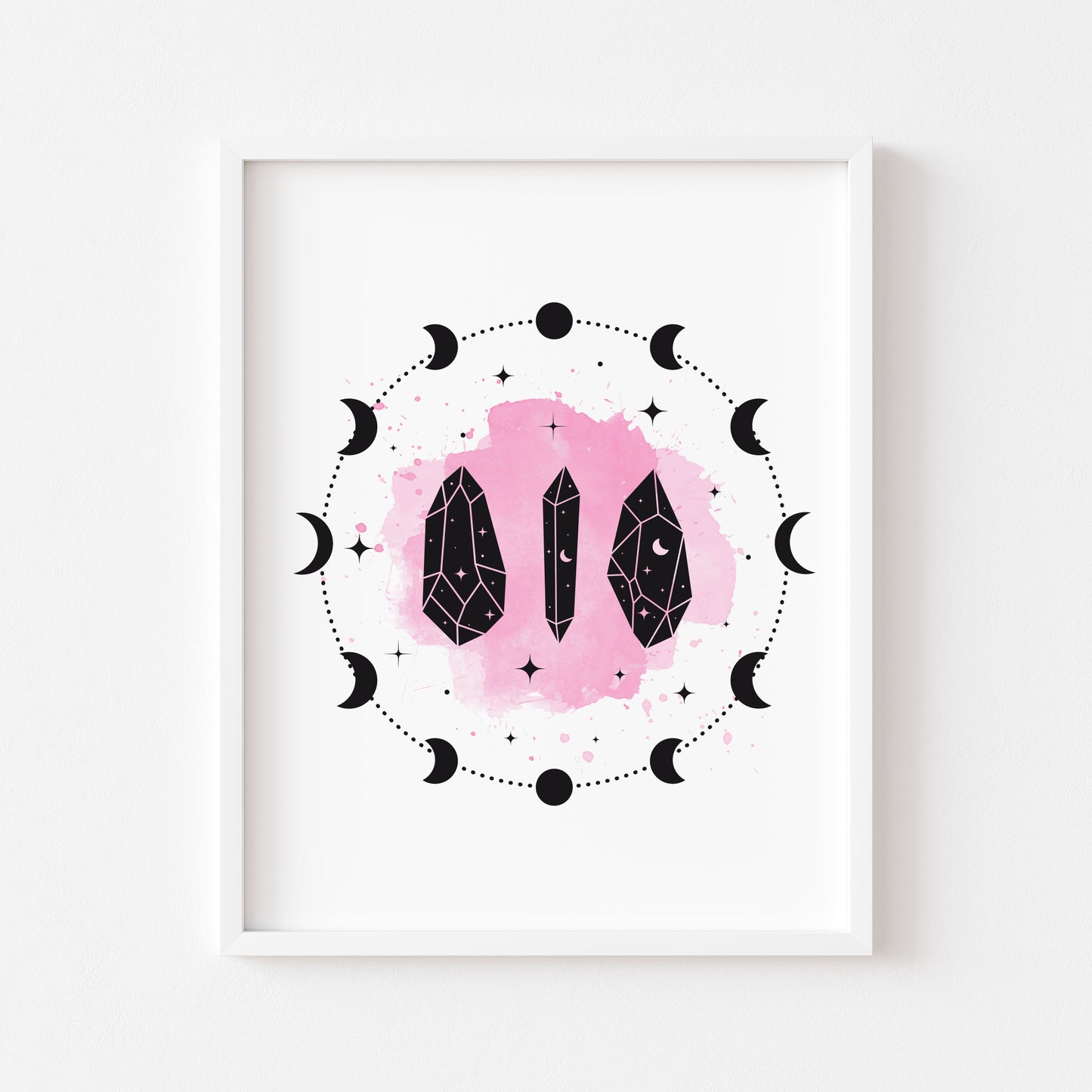 Bedroom print, moon phases crystals celestial style plain pink or purple bedroom unframed wall art poster print
