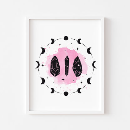 Bedroom print, moon phases crystals celestial style plain pink or purple bedroom unframed wall art poster print