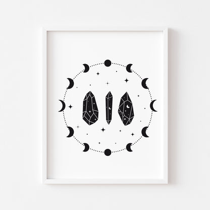 Bedroom print, moon phases crystals celestial style plain pink or purple bedroom unframed wall art poster print