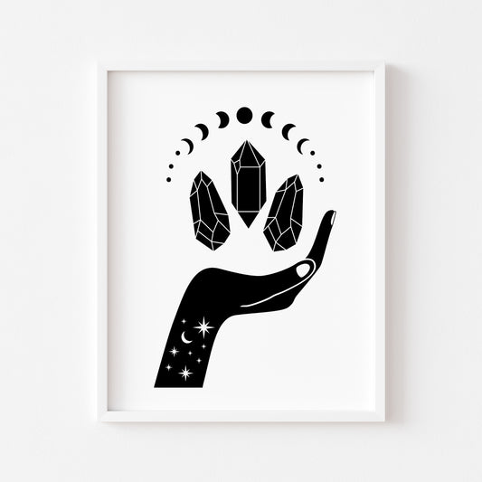 Celestial style hand holding crystals bedroom moon phases, office unframed wall art poster print